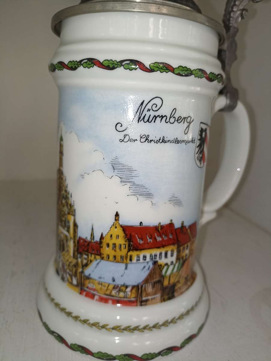 Vintage Bavaria German Ceramic Beer mug `hinged lid-`Nurenberg` H 23 cm , BD 11 cm.