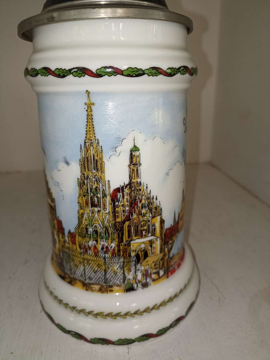 Vintage Bavaria German Ceramic Beer mug `hinged lid-`Nurenberg` H 23 cm , BD 11 cm.