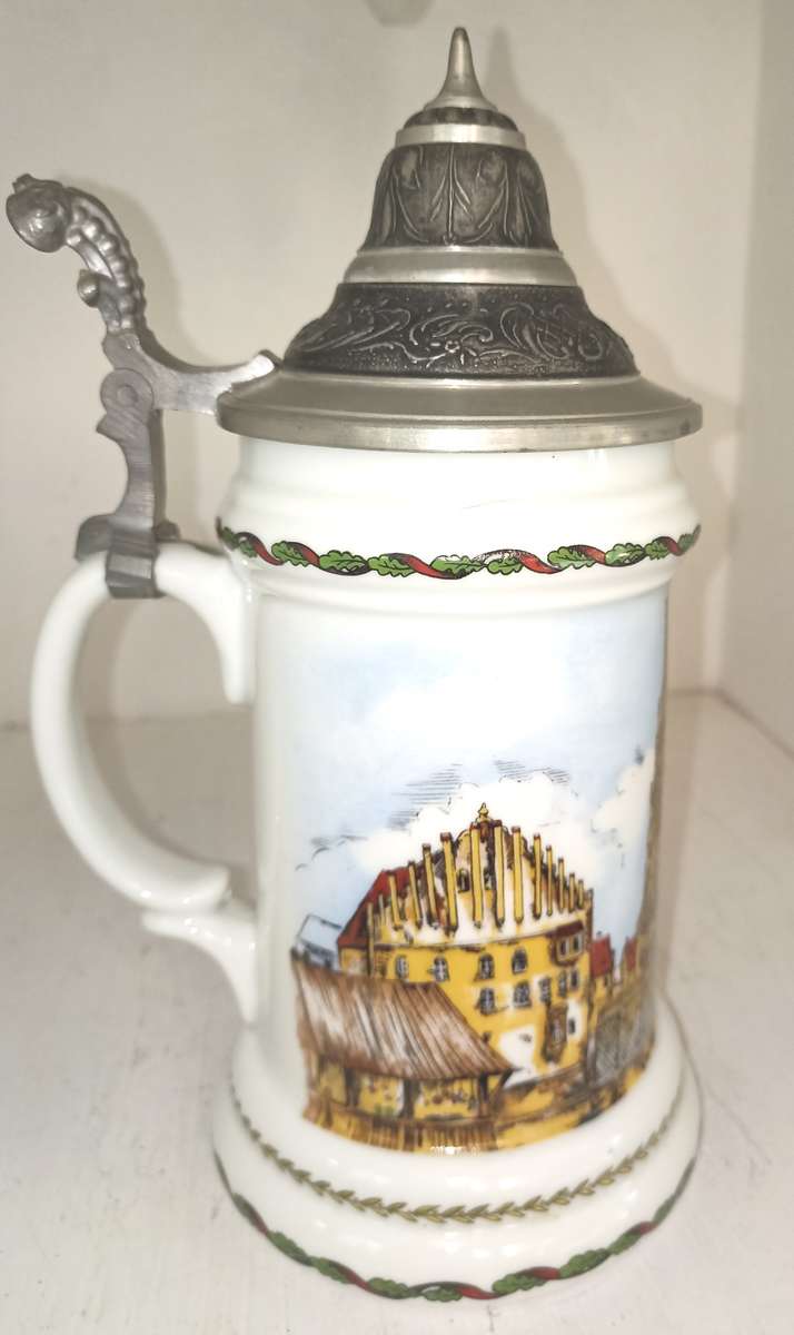 Vintage Bavaria German Ceramic Beer mug `hinged lid-`Nurenberg` H 23 cm , BD 11 cm.