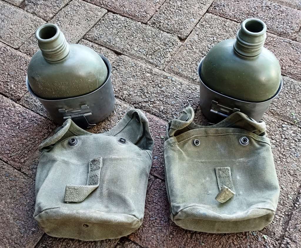 2 x Old Army Era water bottles with Fire buckets-stops missing-buy per bottle and not as a lot