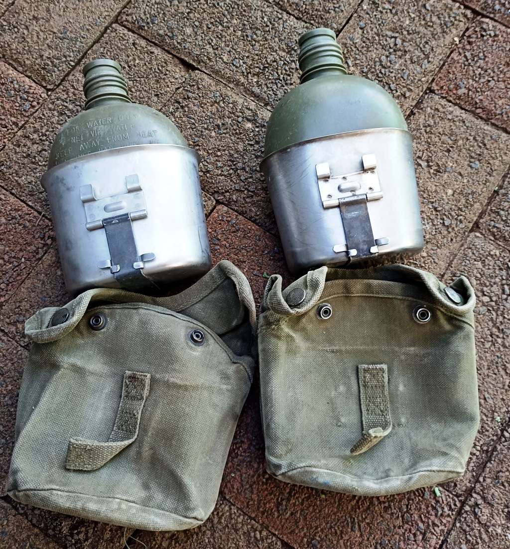 2 x Old Army Era water bottles with Fire buckets-stops missing-buy per bottle and not as a lot