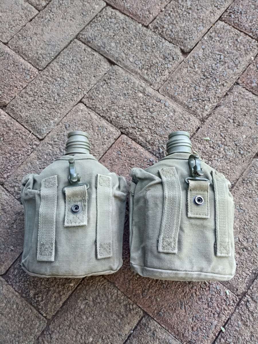 2 x Old Army Era water bottles with Fire buckets-stops missing-buy per bottle and not as a lot