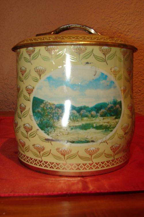 OLd Tin  no 1 -with South Africa Scenes and the Protea Flower