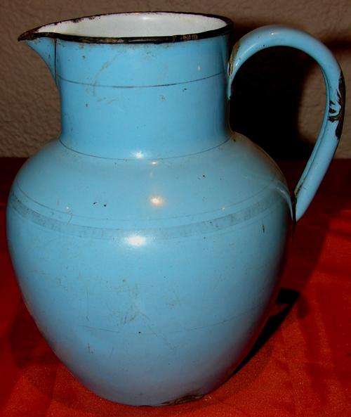 Vintage Blue Enamel Milk Jug with Black Trimming-H 16cm