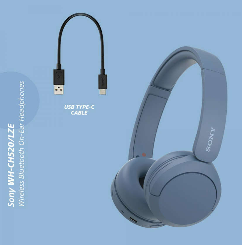 Sony WH-CH520 Wireless Bluetooth On-Ear Headphones - Blue