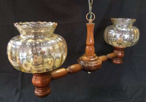 Vintage Wooden Twin-Shade Chandelier