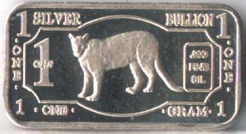 1 gram .999 Fine Silver Bar : Cougar (Mountain Lion) Animal Series
