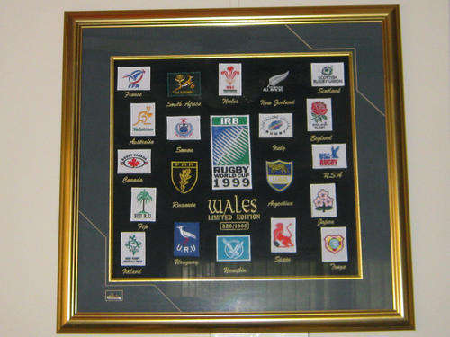 Limited edition framed Rugby World Cup 1999 badges