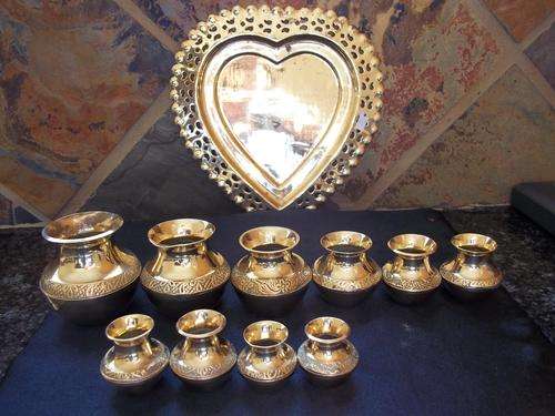 BRASS HEART SHAPED TRAY PLUS 10 MINI BRASS POTS