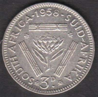 1958 SA Union 3d tickey - 50% silver