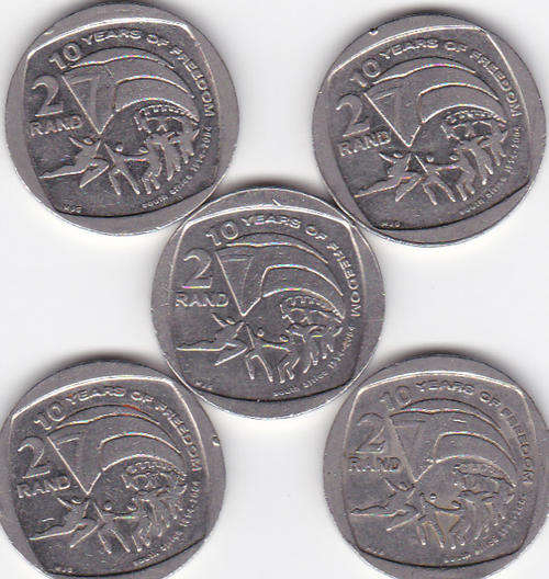 2004 (10 Years of Freedom) 5 x R2 Coins (One bid for All)