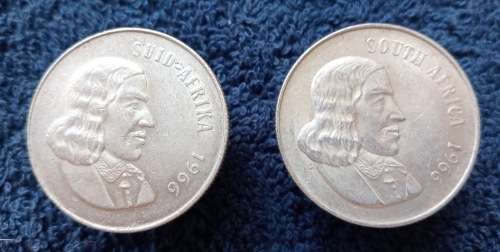 1966 R1 SILVER COIN (RSA) - BOTH ENGLISH & AFRIKAANS- 80% 12gm SILVER X 2 COINS (TOTAL 24gm SILVER)
