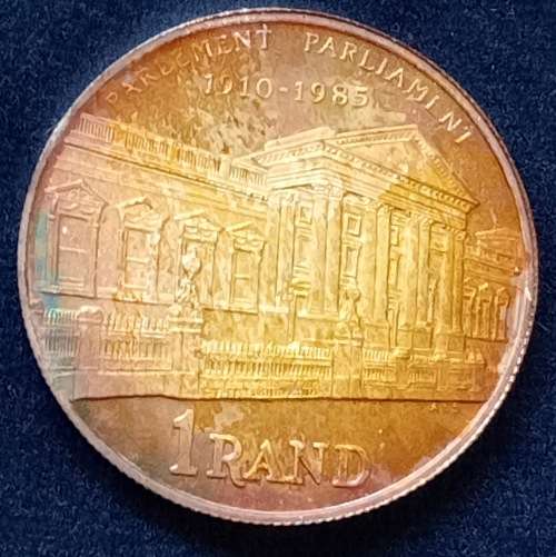 1985 SILVER PROOF R1 COIN    1910 - 1985 PARLIAMENT - WELL TONED - IN S A MINT BOX