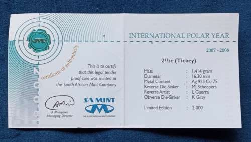 TICKEY 2 1/2c SILVER PROOF 2008 IN SAM POUCH - INTERNAT. POLAR YEAR.SA AGALHUS, Map SA BASE SANAE IV