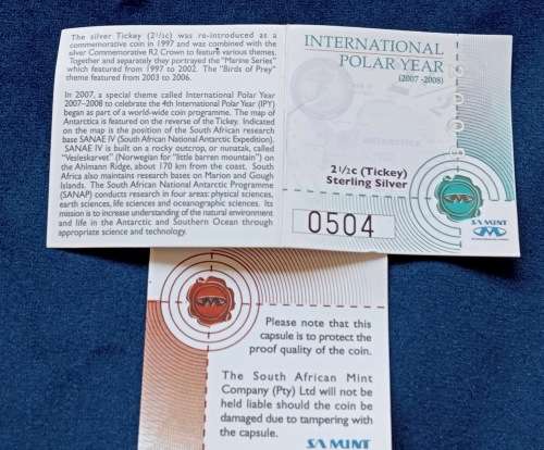 TICKEY 2 1/2c SILVER PROOF 2008 IN SAM POUCH - INTERNAT. POLAR YEAR.SA AGALHUS, Map SA BASE SANAE IV