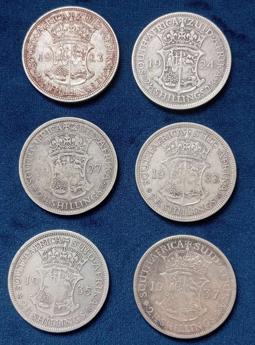 SET OF SIX - 1923, 1924, 1927, 1932 1935 George V & 1937 George Vl S A Union TWO and HALF SHILLING