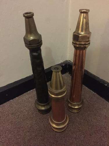 3 large solid brass and copper fire hose nozzles