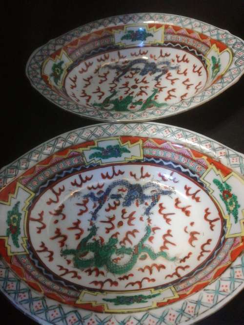 2x Asian Dragon Serving Plates. MARKED