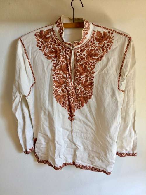 VINTAGE BEIGE HIPPIE  BOHO SHIRT  - BROWN EMBROIDERY  - 14
