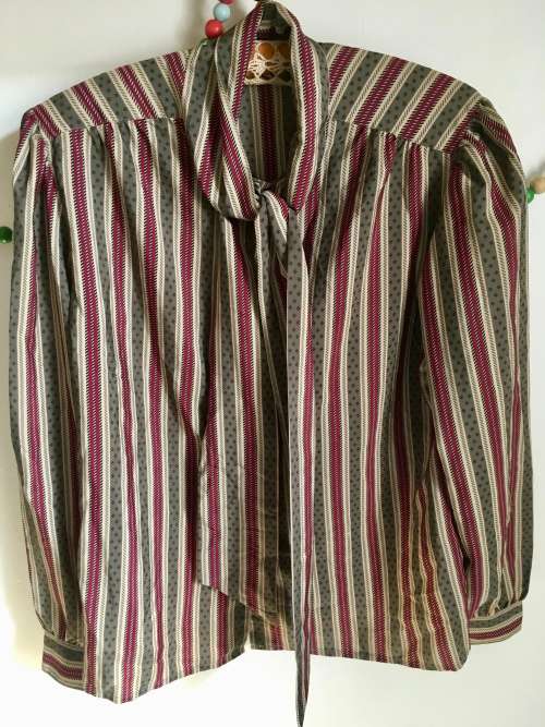 VINTAGE CHERRISE AND KHAKI STRIPED PUSSY BOW SHIRT - 16