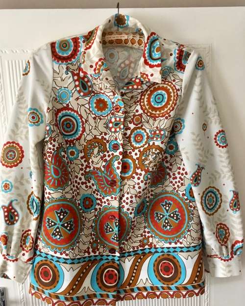 VINTAGE 1950's TAN & TURQUOISE CRIMPLENE SHIRT/SOFT JACKET  - 12/14