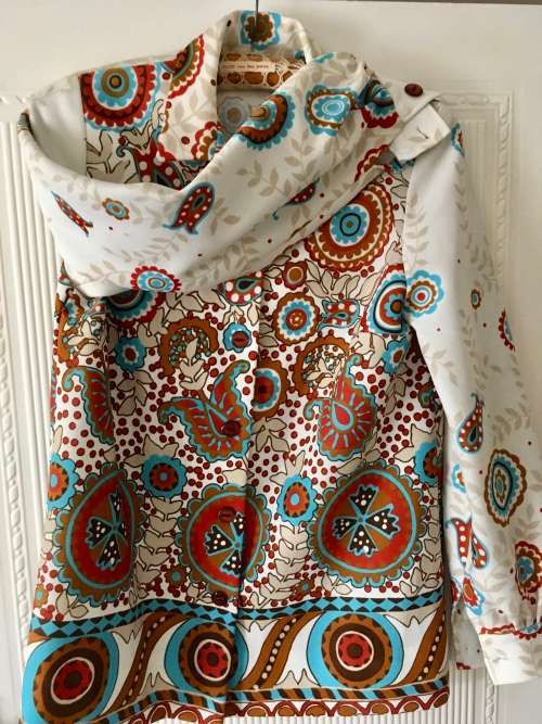 VINTAGE 1950's TAN & TURQUOISE CRIMPLENE SHIRT/SOFT JACKET  - 12/14