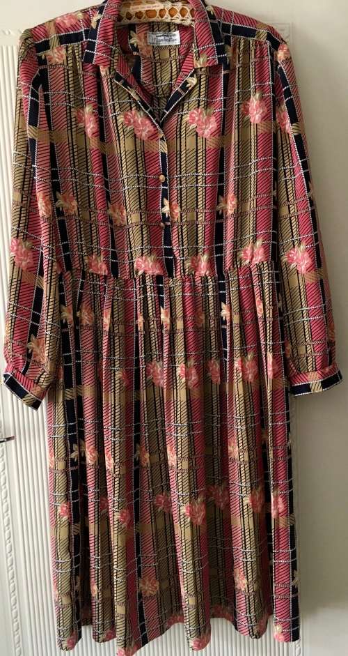 VINTAGE  PINK, TAN AND NAVY DRESS - SIZE 14