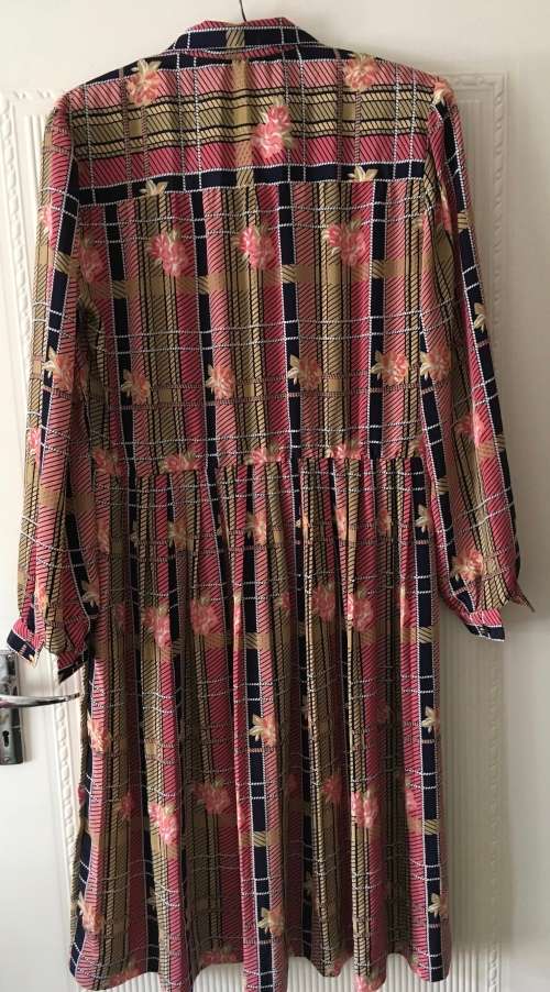 VINTAGE  PINK, TAN AND NAVY DRESS - SIZE 14