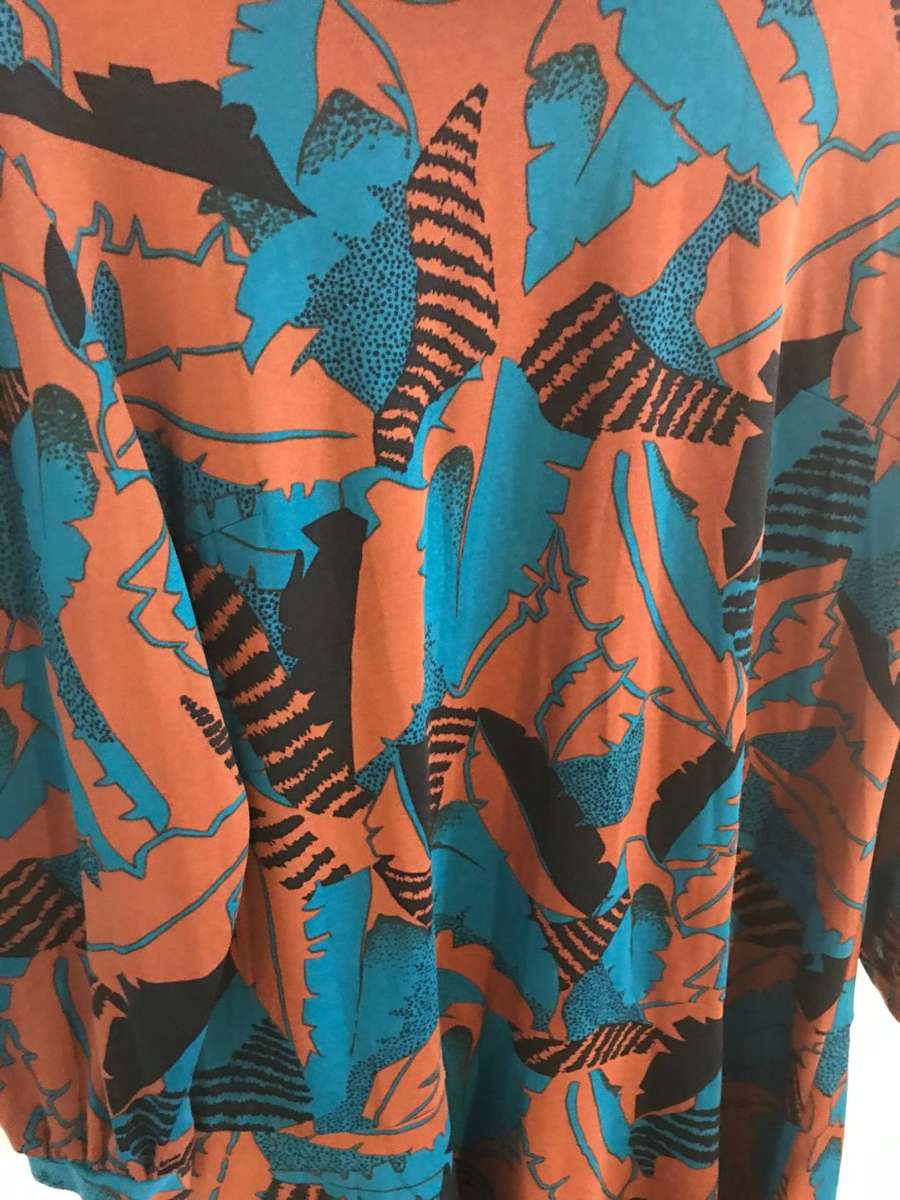 VINTAGE SHELLEY BROWN AND TEAL LEAVE PRINT DRESS - 16