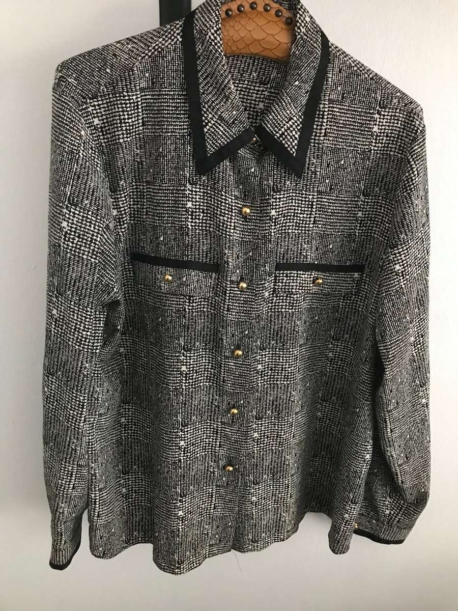 VINTAGE  SHIRT PLAID PRINT BLACK BEIGE  - 16