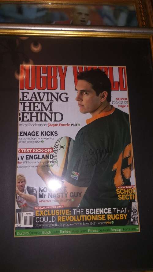 Signed Jacques Fourie and Schalk Bureger Rugby world Magazine cover.