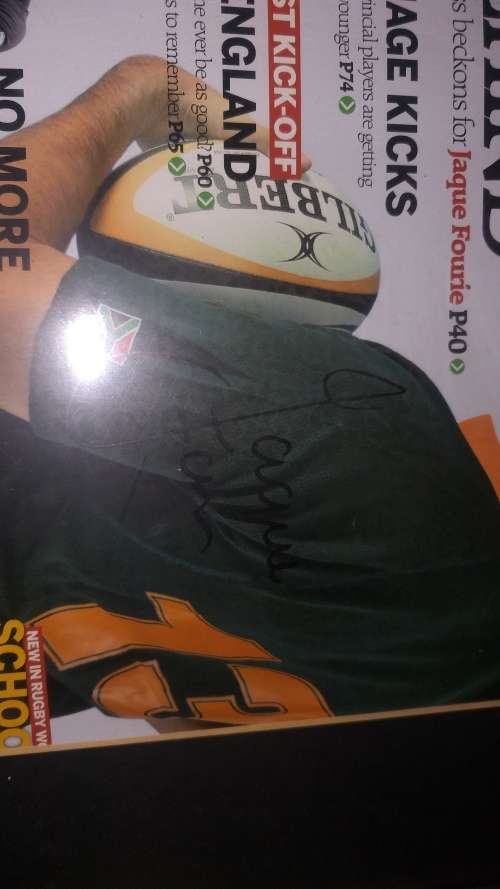 Signed Jacques Fourie and Schalk Bureger Rugby world Magazine cover.