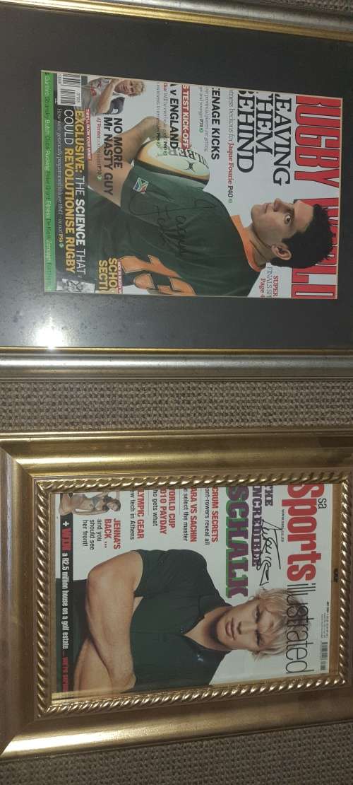 Signed Jacques Fourie and Schalk Bureger Rugby world Magazine cover.