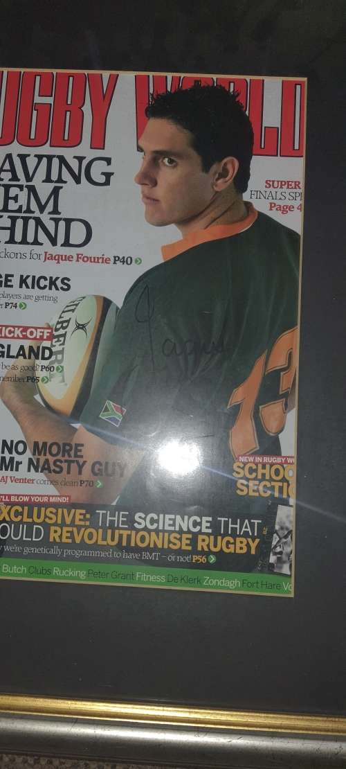 Signed Jacques Fourie and Schalk Bureger Rugby world Magazine cover.
