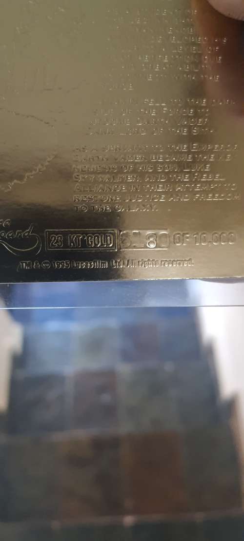 Rare Darth Vader 24Kt limited edition gold card no 180/10000 made worldwide. .