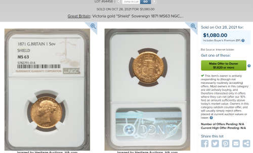 Great Britain: Victoria gold `Shield` Sovereign 1871 MS63 NGC