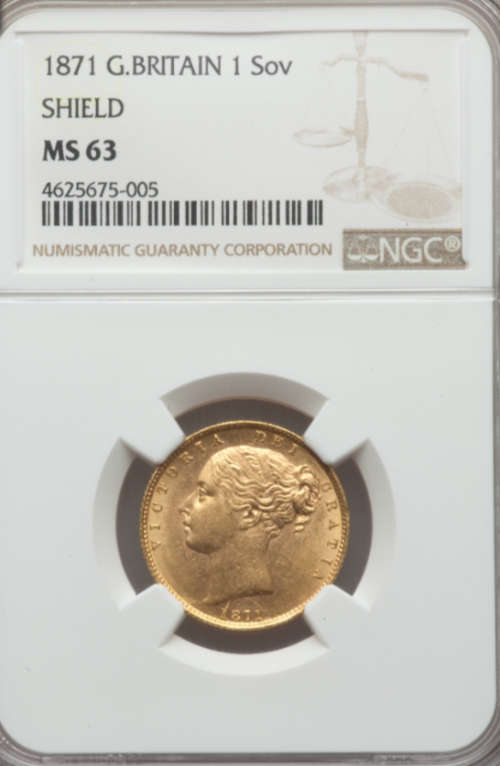 Great Britain: Victoria gold `Shield` Sovereign 1871 MS63 NGC