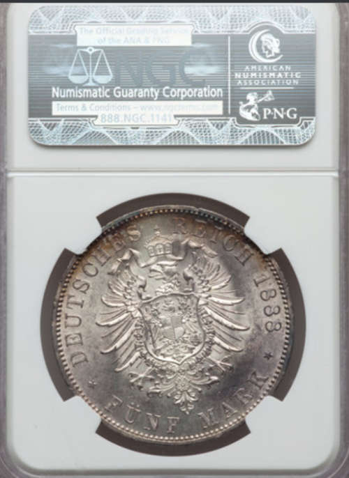 German States: Prussia. Friedrich III 5 Mark 1888-A MS63 NGC