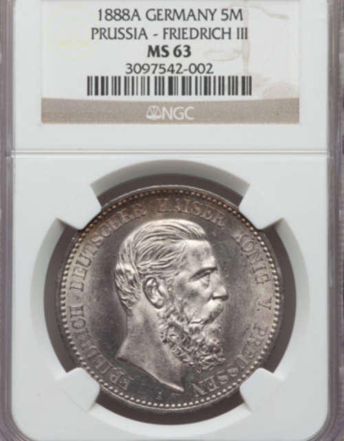 German States: Prussia. Friedrich III 5 Mark 1888-A MS63 NGC