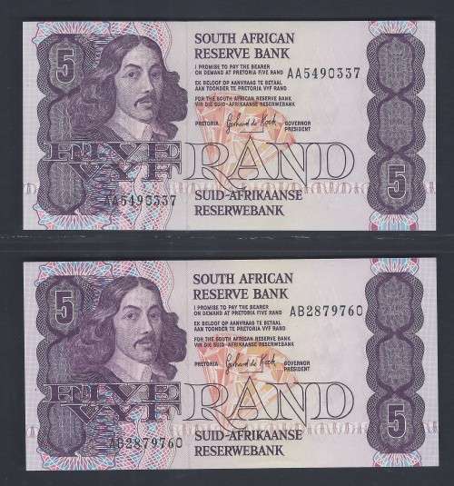 RSA 1989 GPC de Kock Third Issue Set of R5 notes with AA and AB prefix - UNC