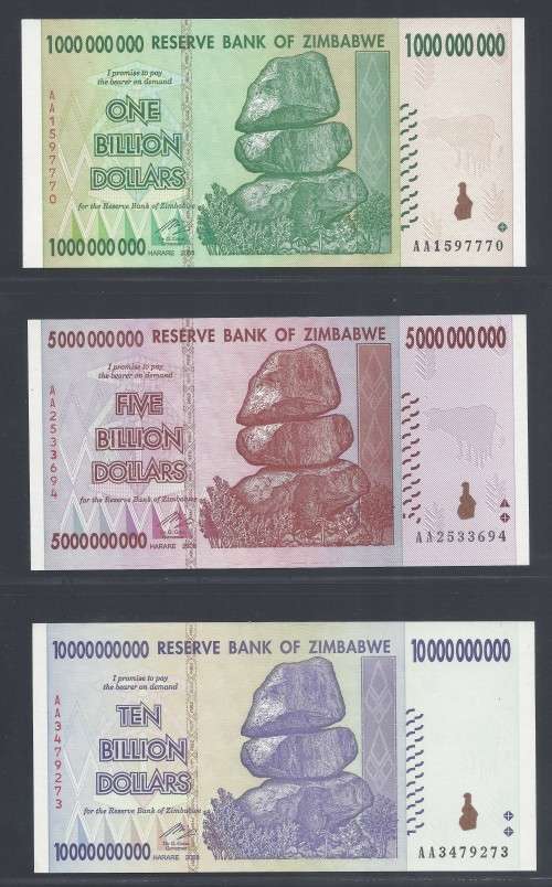Zimbabwe 2008 Set of 9 hyperinflation notes Z$1 BILLION to Z$100 TRILLION!