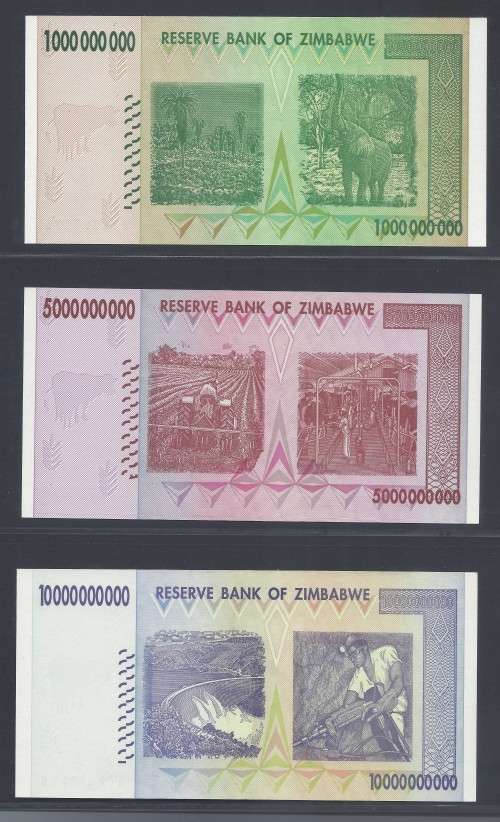 Zimbabwe 2008 Set of 9 hyperinflation notes Z$1 BILLION to Z$100 TRILLION!