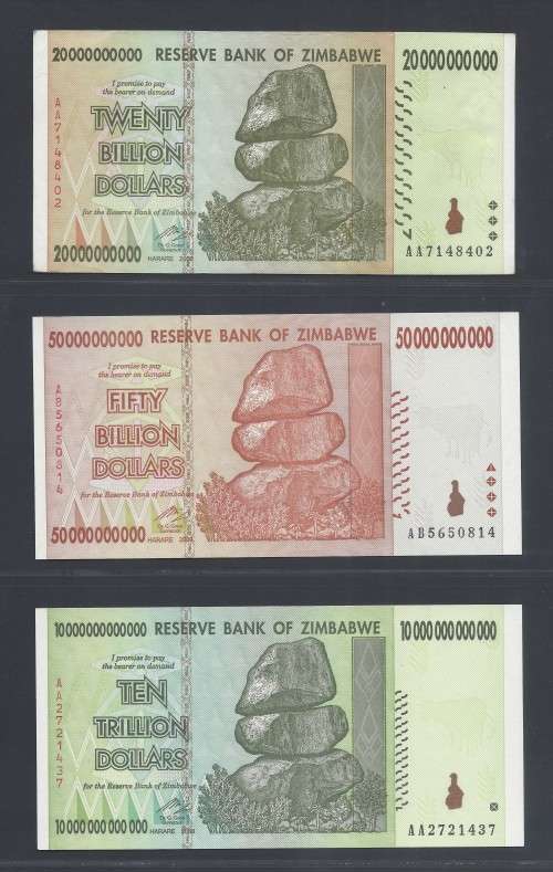 Zimbabwe 2008 Set of 9 hyperinflation notes Z$1 BILLION to Z$100 TRILLION!