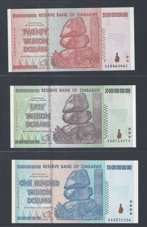 Zimbabwe 2008 Set of 9 hyperinflation notes Z$1 BILLION to Z$100 TRILLION!