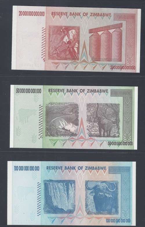 Zimbabwe 2008 Set of 9 hyperinflation notes Z$1 BILLION to Z$100 TRILLION!