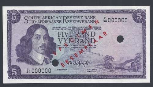 RSA 1967 TW de Jongh First Issue R5 SPECIMEN NOTE - Scarce!