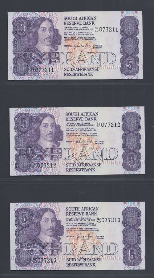 RSA 1981 GPC de Kock Second Issue R5 THREE consecutive notes - UNC