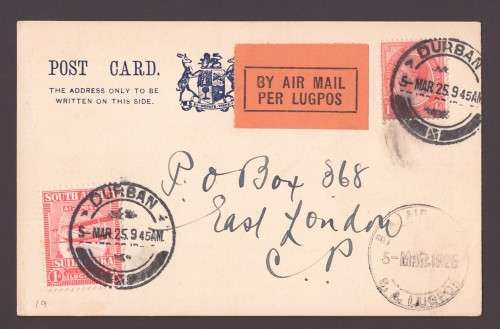 Union of SA 1925 First Flight Durban to East London - Scarce!