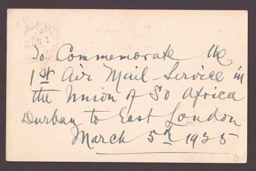 Union of SA 1925 First Flight Durban to East London - Scarce!