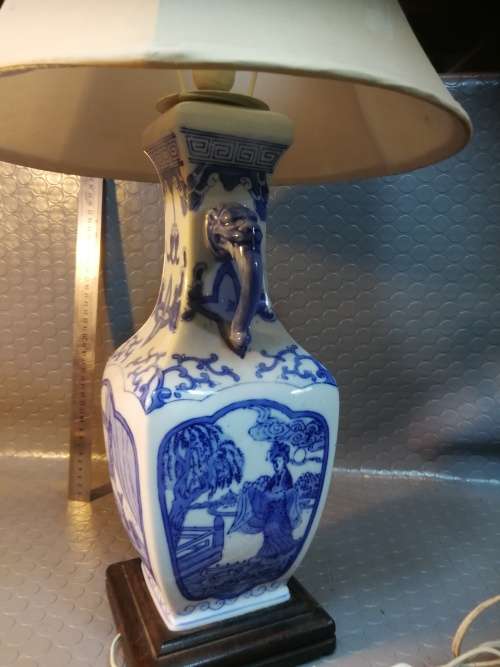 Exceptional!!! large blue and white porcelain lamp on dark wood base